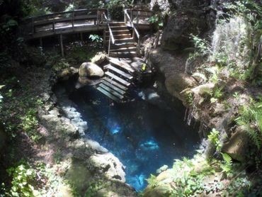 Wooden bridge over a natural blue spring surrounded by lush greenery and rocky terrain.