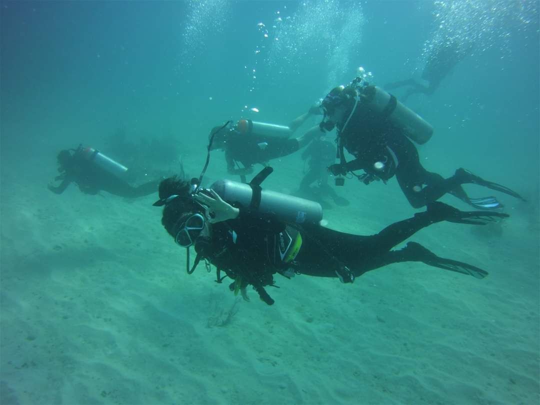 Group of scuba divers exploring underwater with oxygen tanks and diving gear in a clear ocean.