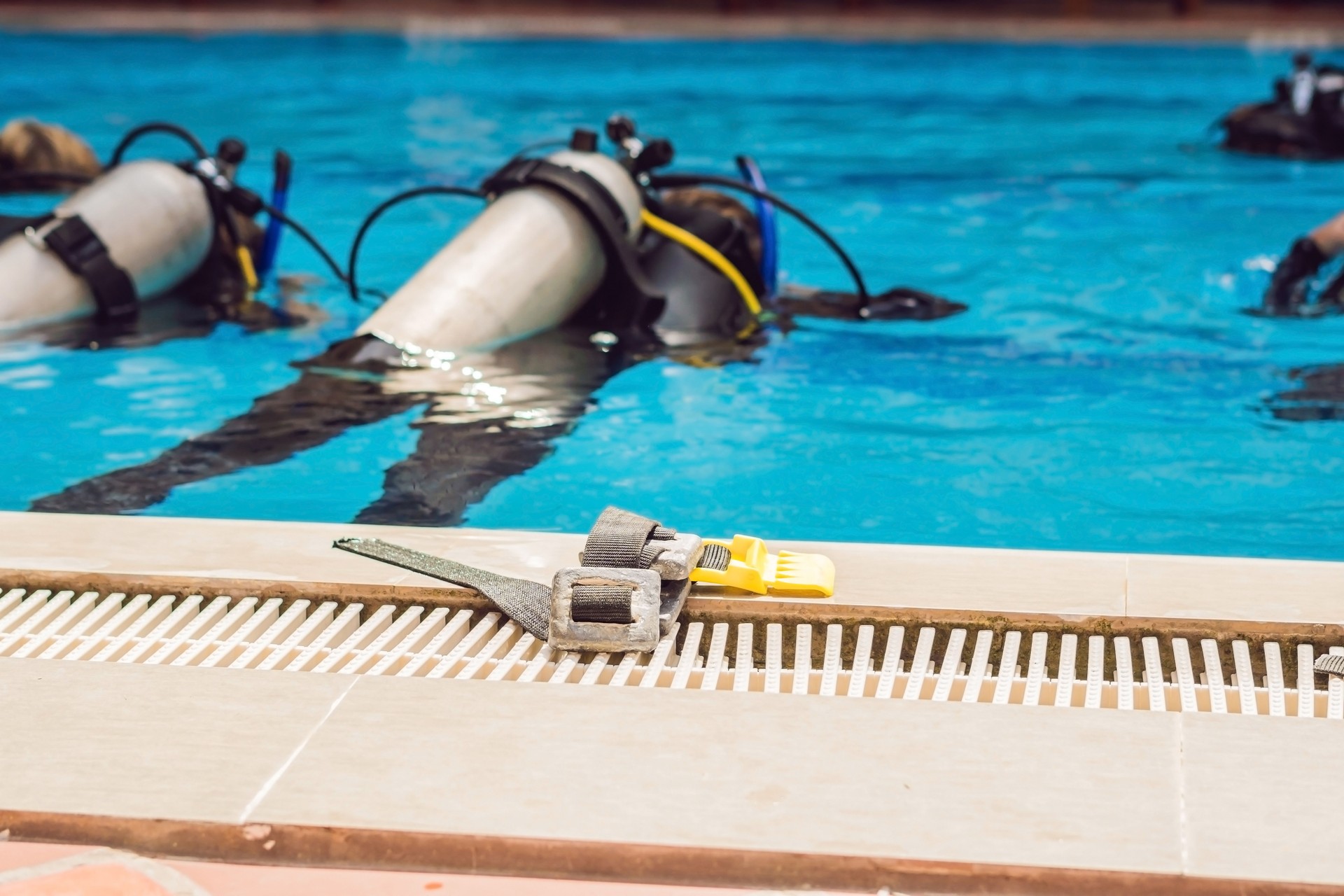 Diving instructor and students. Instructor teaches students to dive